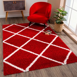 Tapijtenloods Madrid Shaggy Geruit Vloerkleed Rood Creme Hoogpolig- 80x150 CM