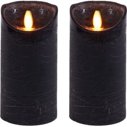2x LED kaarsen/stompkaarsen zwart met dansvlam 15 cm - LED kaarsen