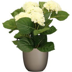 Hortensia kunstplant/kunstbloemen 36 cm - wit - in pot taupe mat - Kunstplanten