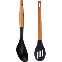 kook/keuken gerei - set van 2x stuks - zwart - hout/kunststof - keuken/kook accessoires - Soeplepels