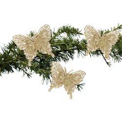 3x stuks kerstboom vlinders op clip glitter goud 11 cm - Kersthangers
