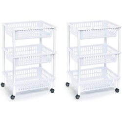 2x stuks opberg trolley/roltafel/organizer met 3 manden 40 x 30 x 61,5 cm wit/wit - Opbergmanden