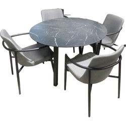Tuinset Teeburu tafel black, slate dia. 120 cm met 4 stoelen Youkou stoel black, mixed grey