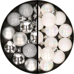 34x stuks kunststof kerstballen zilver en parelmoer wit 3 cm - Kerstbal