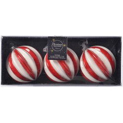 12x stuks luxe glazen kerstballen brass rood/wit gestreept met glitter 8 cm - Kerstbal
