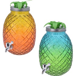 Set van 2x stuks glazen drank dispensers ananas geel/oranje en blauw/groen 4,7 liter - Drankdispensers