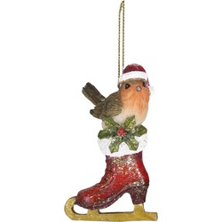 Clayre & Eef Kersthanger Vogel 8 cm Rood Bruin Kunststof Kerstbal