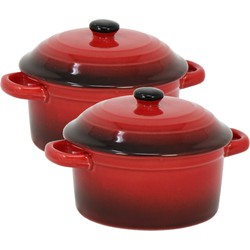 Set van 4x stuks mini stoofpannetjes/ovenschaaltjes met deksel rood 9 cm van porselein - Ovenschalen