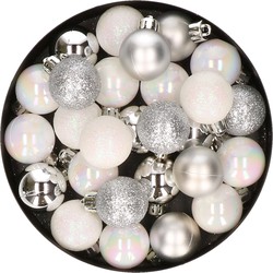 28x stuks kunststof kerstballen parelmoer wit en zilver mix 3 cm - Kerstbal