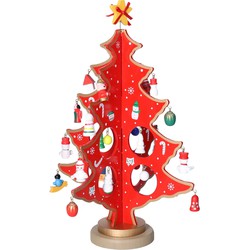 Christmas Decoration kleine decoratie kerstboom - hout - rood - 26 cm - Houten kerstbomen