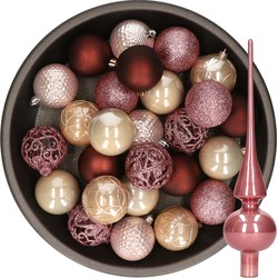 37x stuks kunststof kerstballen 6 cm incl. glazen piek roze en bruin tinten - Kerstbal
