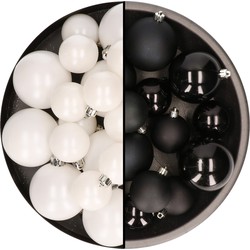 Kerstversiering kunststof kerstballen mix zwart/wit 6-8-10 cm pakket van 44x stuks - Kerstbal