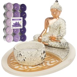 Boeddha beeld voor binnen 15 cm met 30x geurkaarsen lavendel - Beeldjes
