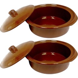 Set van 2x stuks tapas terracotta ovenschalen/stoofpotten cocotte met deksel 28 cm - Braadpannen