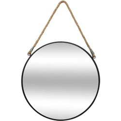 Spiegel/wandspiegel rond D38 cm metaal zwart met touw - Spiegels