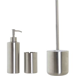 WC-/toiletborstel en houder - rvs zilver - met zeeppompje en beker - Badkameraccessoireset