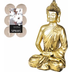 Boeddha beeld voor binnen 35 cm met 12x geurkaarsen Cotton Blossom - Beeldjes