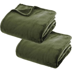 2x Stuks Fleece deken/fleeceplaid olijf groen 130 x 180 cm polyester - Plaids