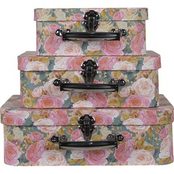 Clayre & Eef Decoratie koffer Set van 3  30x22x10 cm Roze Groen Karton Bloemen Opbergkoffer