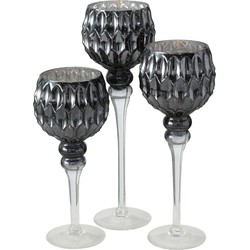 Luxe glazen design kaarsenhouders/windlichten set van 3x stuks antraciet/zilver transparant 30-40 cm - Waxinelichtjeshouders