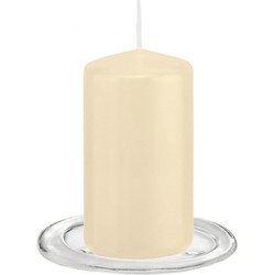 Trend Candles - Stompkaarsen met glazen onderzetters set van 2x stuks - creme wit 6 x 12 cm - Stompkaarsen