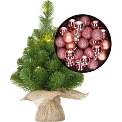 Mini kerstboom/kunstboom met verlichting 45 cm en inclusief kerstballen roze - Kunstkerstboom