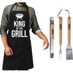 Luxe barbecue gereedschap set met houten handgrepen 3-delig RVS met zwart schort King of the grill - Barbecuegereedschapset