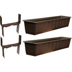 Set van 5 kunststof plantenbakken bruin rechthoekig 80 cm met 10 verstelbare balkon/muurbeugels - Plantenbakken