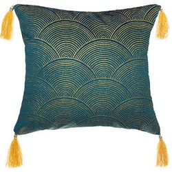 Sierkussen Velvet Pauw met kwastjes - Blauw - Goud - 40 x 40 cm (incl. vulling)