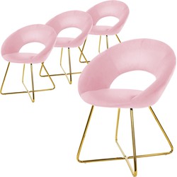 Set van 4 eetkamerstoelen met ronde open rugleuning roze fluweel met goudkleurige metalen poten ML design