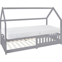 Kinderbed met uitvalbeveiliging lattenbodem en dak 200x90 cm Lichtgrijs grenenhout ML-Design