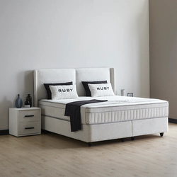 Boxspring bed met opbergruimte - 140x200 cm - Wit - Opbergbed Ruby Inclusief 32 cm matras en topper Comfortschuim