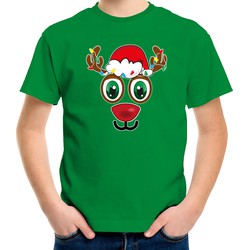 Bellatio Decorations kerst t-shirt voor kinderen - Rudolf gezicht - rendier - groen L (140-152) - kerst t-shirts kind