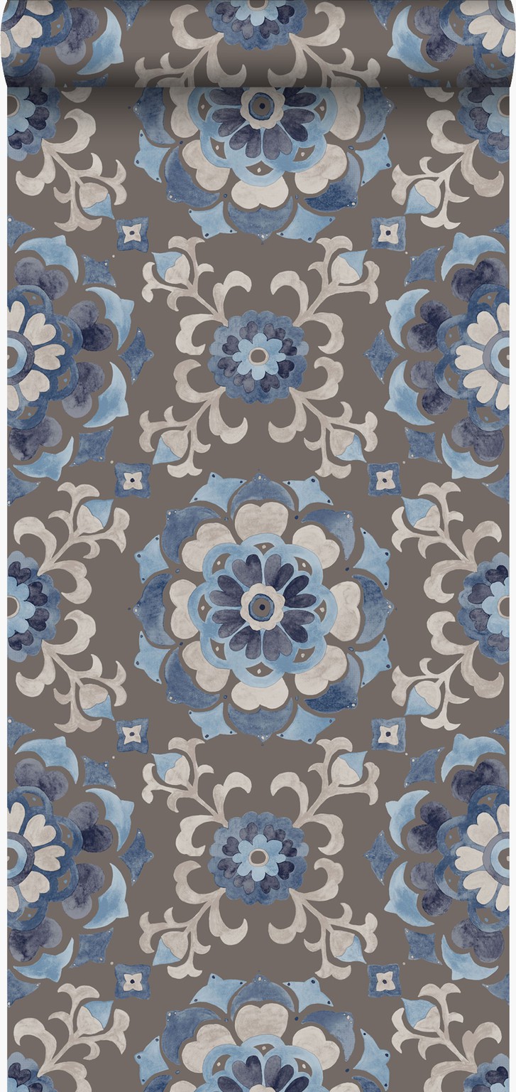 goochelaar mannelijk vacht Origin behang suzani bloemen taupe en blauw - Origin - luxury wallcoverings  - | HomeDeco.nl
