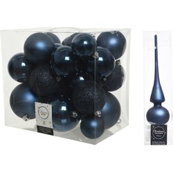 Kerstversiering kunststof kerstballen met piek donkerblauw 6-8-10 cm pakket van 27x stuks - Kerstbal