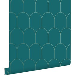 ESTAhome behang art deco motief petrolblauw en goud - 0,53 x 10,05 m - 139205