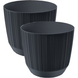 2x stuks moderne carf-stripe plantenpot/bloempot kunststof dia 13 cm/hoogte 11 cm antraciet grijs - Plantenpotten