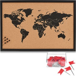 Prikbord wereldkaart met 20x punaise vlaggetjes - 60 x 40 cm - kurk - Prikborden