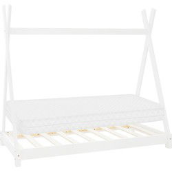 Kinderbed Tipi 80x160 cm wit gemaakt van dennenhout incl. matras H-10cm houten bed met lattenbodem ML-Design