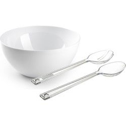 Salade serveer schaal - wit - kunststof - Dia 28 cm - met sla couvert/bestek - Serveerschalen