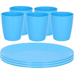 Kunststof ontbijt/diner 6x bordjes 26 cm en 5x bekertjes 300 ML set blauw - Campingborden