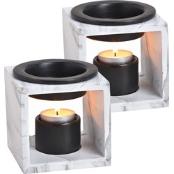 Geurbrander voor amberblokjes/geurolie/waxmelts - 2x - keramiek - wit - 10x10x10 cm - marmer - Geurbranders