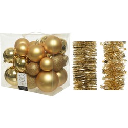 Kerstversiering kunststof kerstballen 6-8-10 cm met folieslingers pakket goud van 28x stuks - Kerstbal