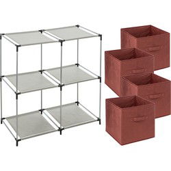 5Five Kastmandjes/opberg mandjes - donkerrood - 4x stuks van 29 Liter - Rekje is 67 x 68 cm - Opbergmanden