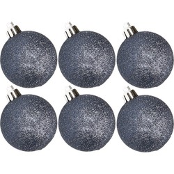 6x stuks kunststof glitter kerstballen donkerblauw 6 cm - Kerstbal