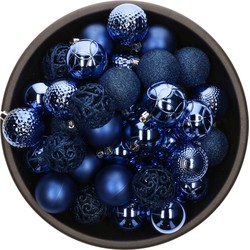 37x stuks kunststof kerstballen kobalt blauw 6 cm glans/mat/glitter mix - Kerstbal