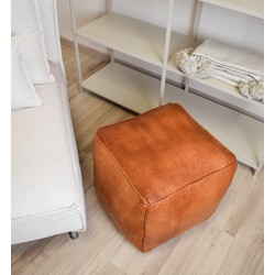 Poufs&Pillows vierkante leren poef - handgemaakt en uniek - cognac bruin