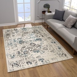 Tapijtenloods Vintage Gachet Vloerkleed Creme / Blauw Laagpolig- 160x230 CM