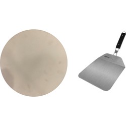 Keramische pizzasteen voor op de barbecue 33 cm met inklapbare RVS pizzaschep 25 cm - Pizzaplaten
