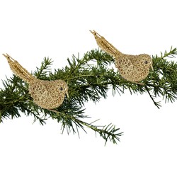 2x Kerstboomversiering glitter gouden vogeltjes op clip 12 cm - Kersthangers
